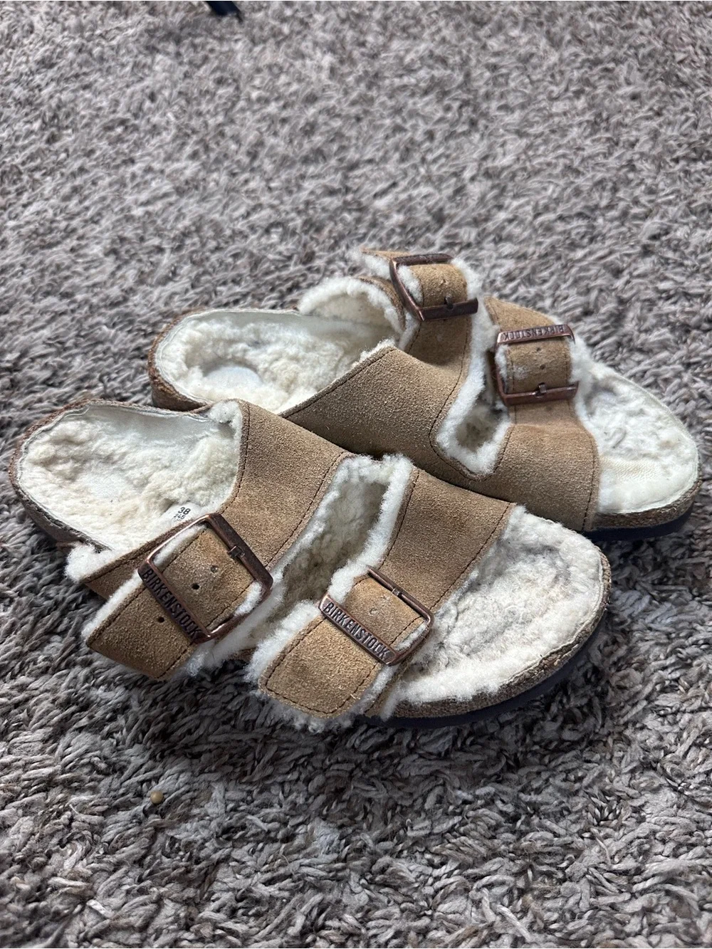 Birkenstock Shearling Suede Sandals in Taupe and Cream Size 7
